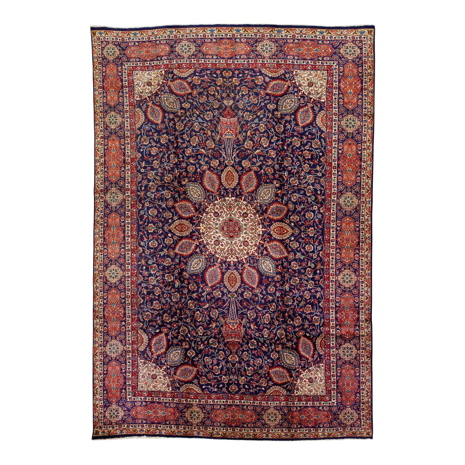 Vintage Persian Tabriz Navy Blue Wool Rug 9'9 x 14'7 Medallion Design: Vintage Persian Tabriz Navy Blue Wool Rug 9'9 x 14'7 Medallion Design Discover the elegance of this vintage Persian Tabriz hand-knotted wool rug, featuring a stunning navy blue color field adorned wit