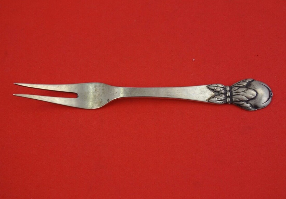 Danish Sterling Silver 2-Tine Pickle Fork Fruit Leaf Handle 5 5/8" (1 of 2)
