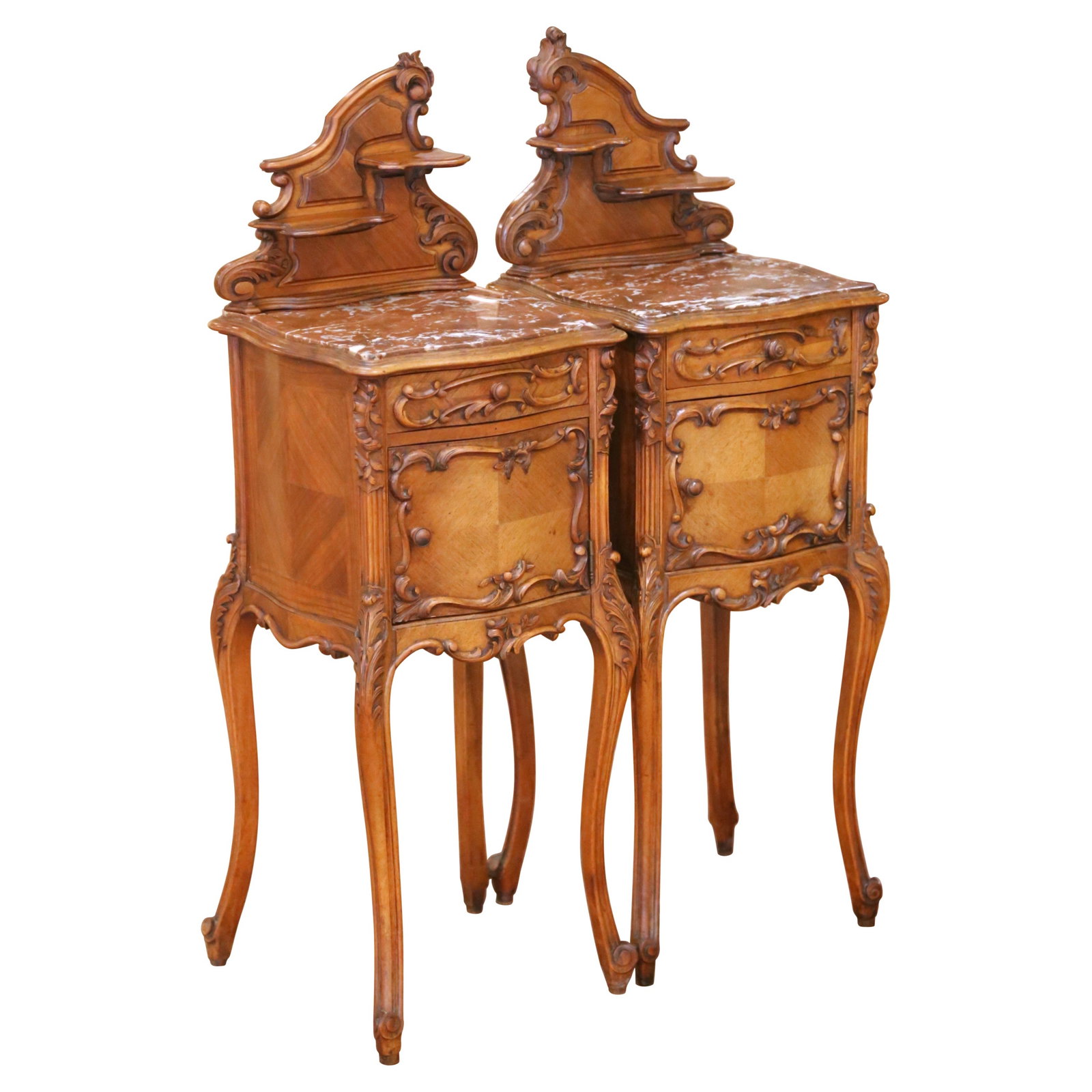 Set of Two French Louis XV Walnut Nightstands with Marble Surfaces circa 1920: Set of Two French Louis XV Walnut Nightstands with Marble Surfaces circa 1920 This elegant pair of early 20th century French Louis XV nightstands showcases hand-carved walnut craftsmanship and beautif
