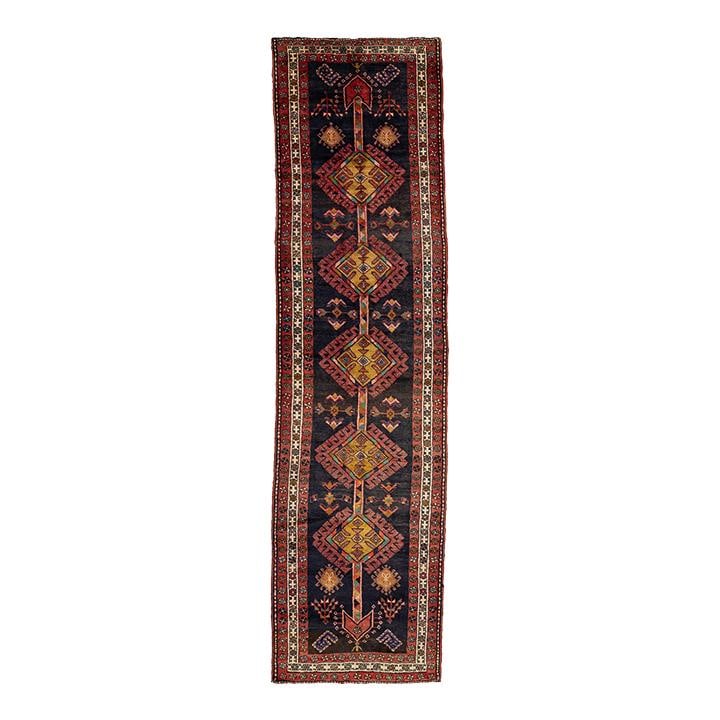 Vintage Persian Heriz Wool Rug Dark Blue Tribal Design 3'8 x 13'8: Vintage Persian Heriz Wool Rug Dark Blue Tribal Design 3'8 x 13'8 Add a touch of elegance to your space with this handmade Vintage Persian Heriz rug. Featuring a rich dark blue field complemented by a