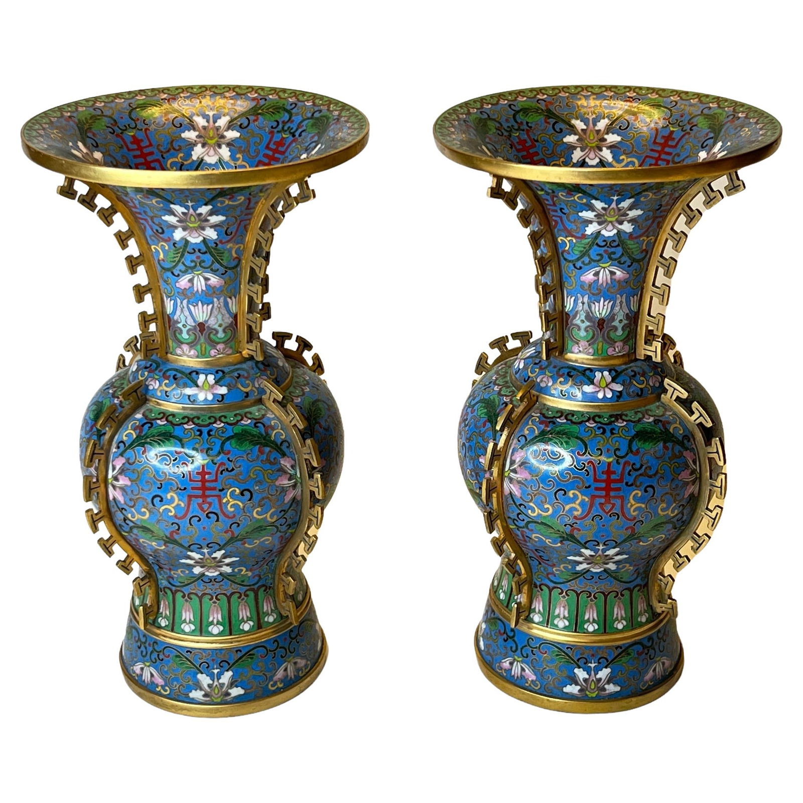 Set of Two Qing Style Blue Chinese Cloisonne Enamel Vases with Floral Motif (1 of 16)