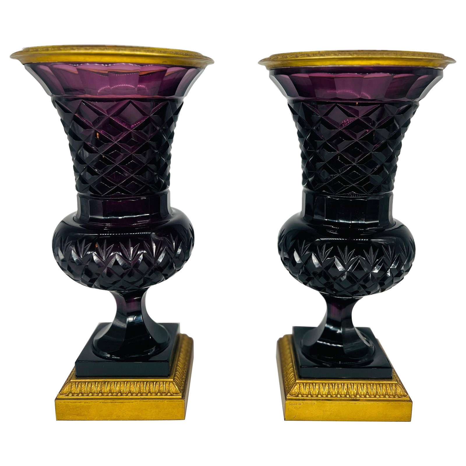 19th Century Austrian Amethyst Urns Set of 2 with Ormolu Mounts: 19th Century Austrian Amethyst Urns Set of 2 with Ormolu Mounts This exquisite pair of 19th-century Austrian ormolu mounted amethyst urns embodies the Neoclassical Revival style. Attributed to Baccara