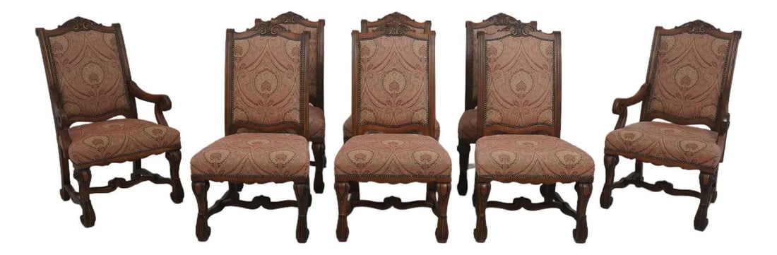 Set of 8 Continental Style Walnut Upholstered Dining Chairs with Suede Backs (1 of 10)
