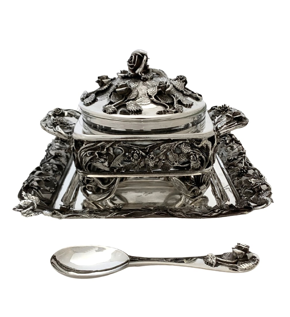 Handmade Italian 925 Sterling Silver Honey Dish Set with Tray & Spoon (1 of 8)