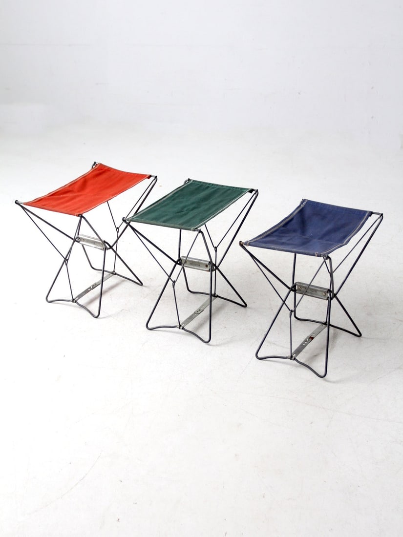 Vintage French Folding Stools Set of 3 in Orange Blue Green (1 of 12)