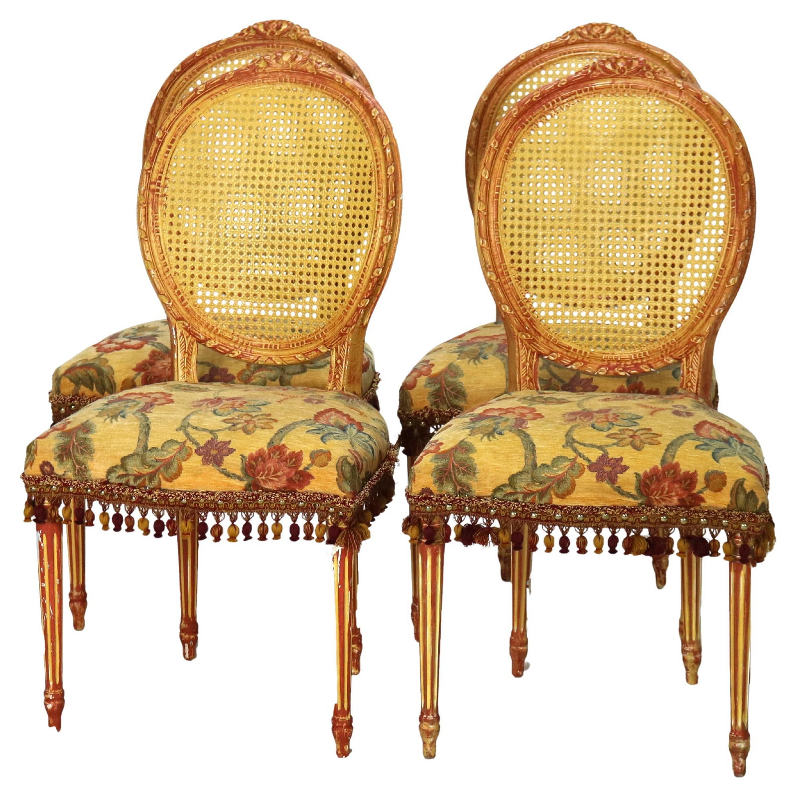 Set of 4 Vintage Louis XV Polychromed Cane Parlor Chairs C1940 (1 of 11)