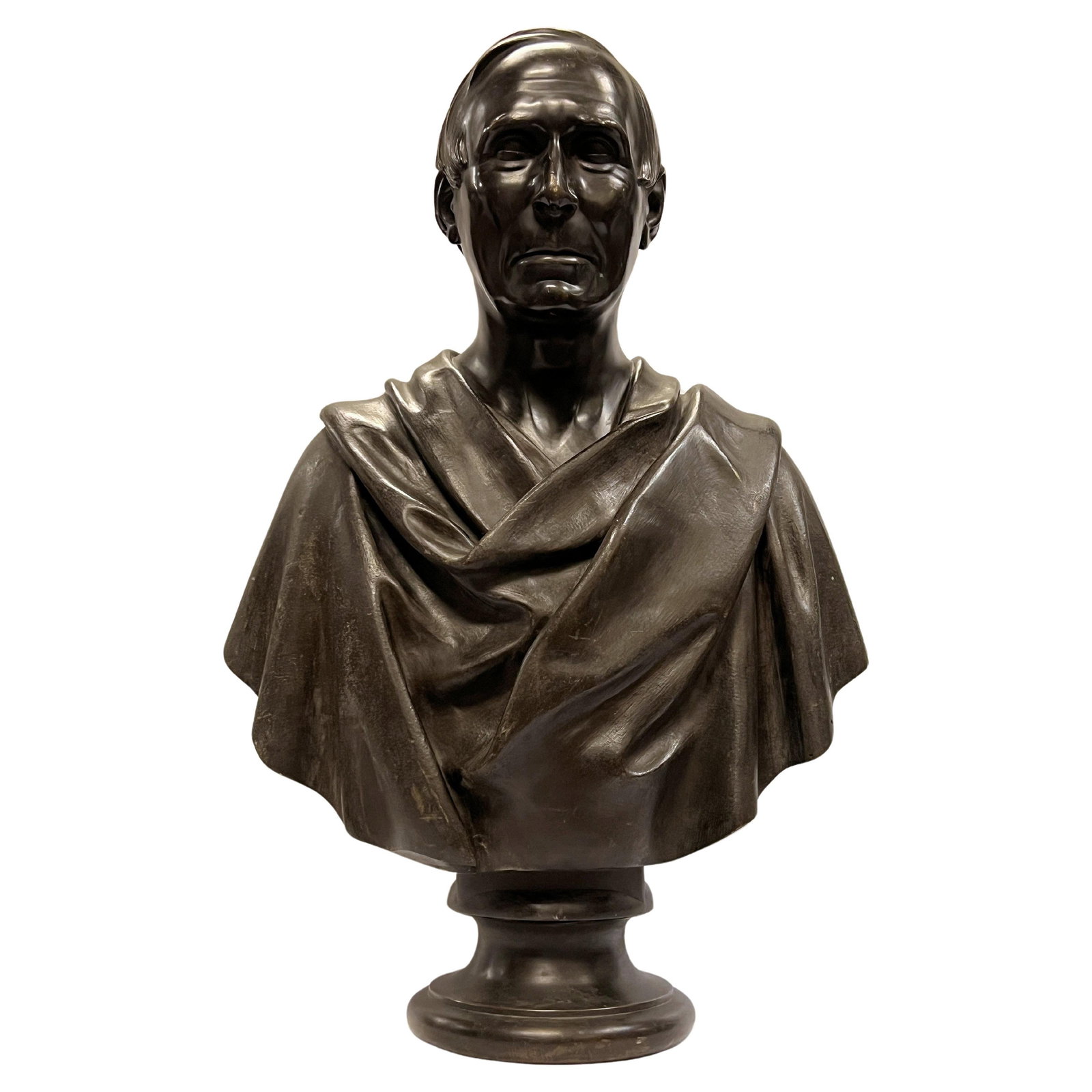 Patinated Bronze Nobleman Bust 19th Century Grand Tour Style French Sculpture: Patinated Bronze Nobleman Bust 19th Century Grand Tour Style French Sculpture This fine and highly detailed bust depicts a Roman or Greek nobleman, crafted in patinated bronze. Created in France durin