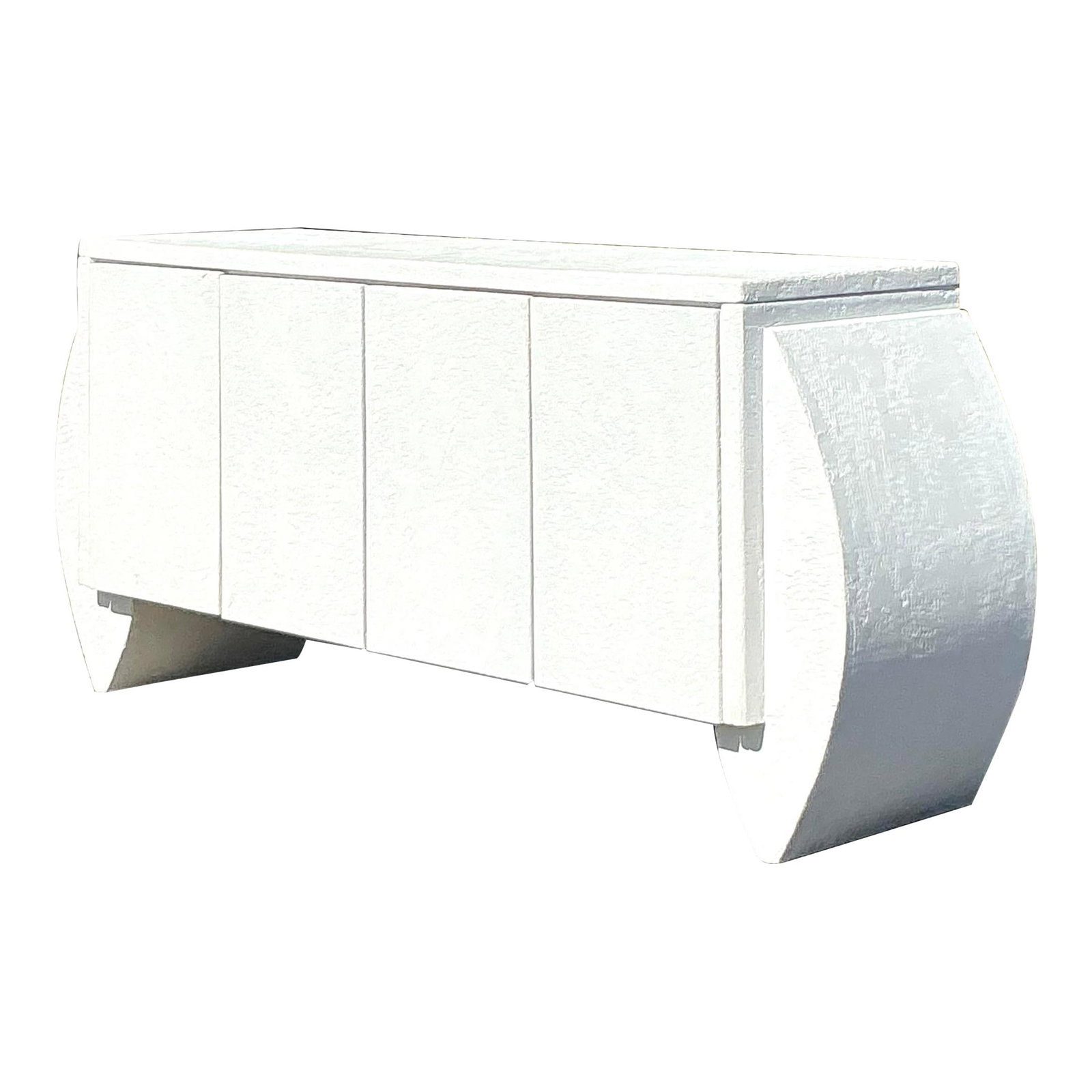 Vintage 1980s Postmodern White Plaster Credenza with Curved Panels: Vintage 1980s Postmodern White Plaster Credenza with Curved Panels Make a bold statement with this vintage postmodern plaster credenza, featuring sculptural curved side panels and a sleek, minimalist