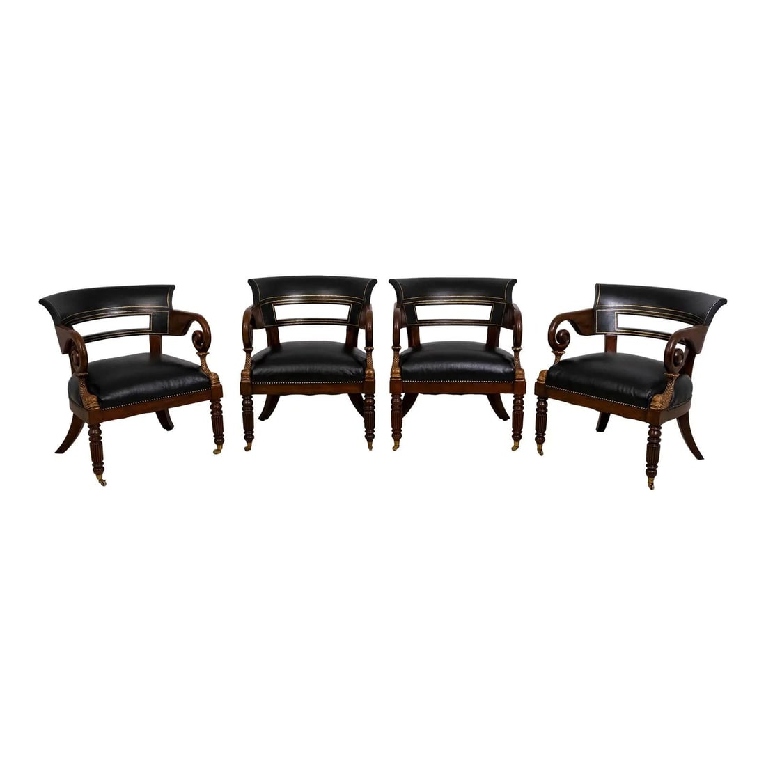 Maitland Smith Set of 4 Empire Barrel Back Leather Club Chairs (1 of 10)