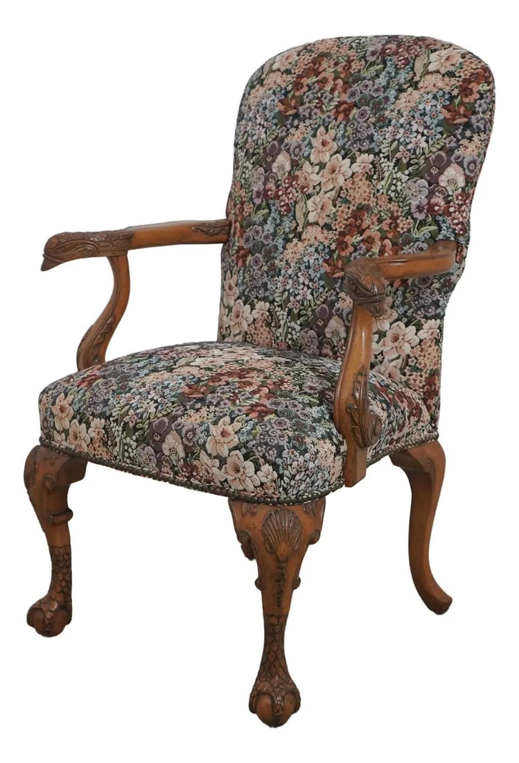 Elegant Tapestry Upholstered Eagle Carved Arm Clawfoot Chair (1 of 10)