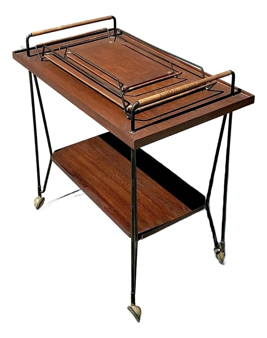 Mid-Century Modern Swedish Teak Bar Cart with 2 Serving Trays Set of 3 (1 of 10)