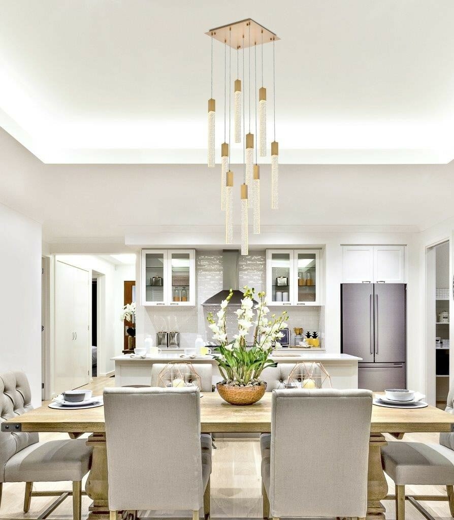 Weston Satin Gold 9-Light Crystal Pendant Chandelier Adjustable 20 Inch Modern Fixture (1 of 11)