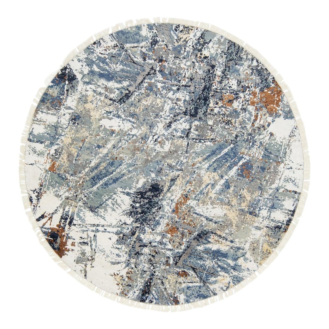 Contemporary Hand-Knotted Abstract Wool Silk Round Rug 6'1 Blue Gray: Contemporary Hand-Knotted Abstract Wool Silk Round Rug 6'1 Blue Gray Enhance your living space with this stunning contemporary round rug, meticulously hand-knotted from a luxurious blend of wool and s