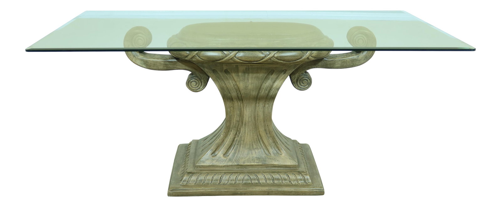 Modern Urn Base Beveled Glass Dining Table 42 x 72 White Painted: Modern Urn Base Beveled Glass Dining Table 42 x 72 White Painted This exquisite modern dining room table features a stunning beveled glass top supported by a uniquely designed painted base. Approximat