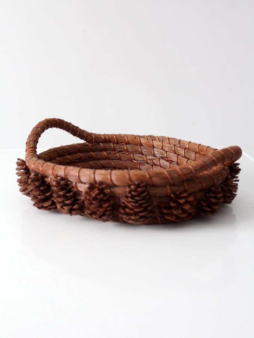 Handwoven Vintage Folk Art Pine Needle Basket with Pine Cones (1 of 11)