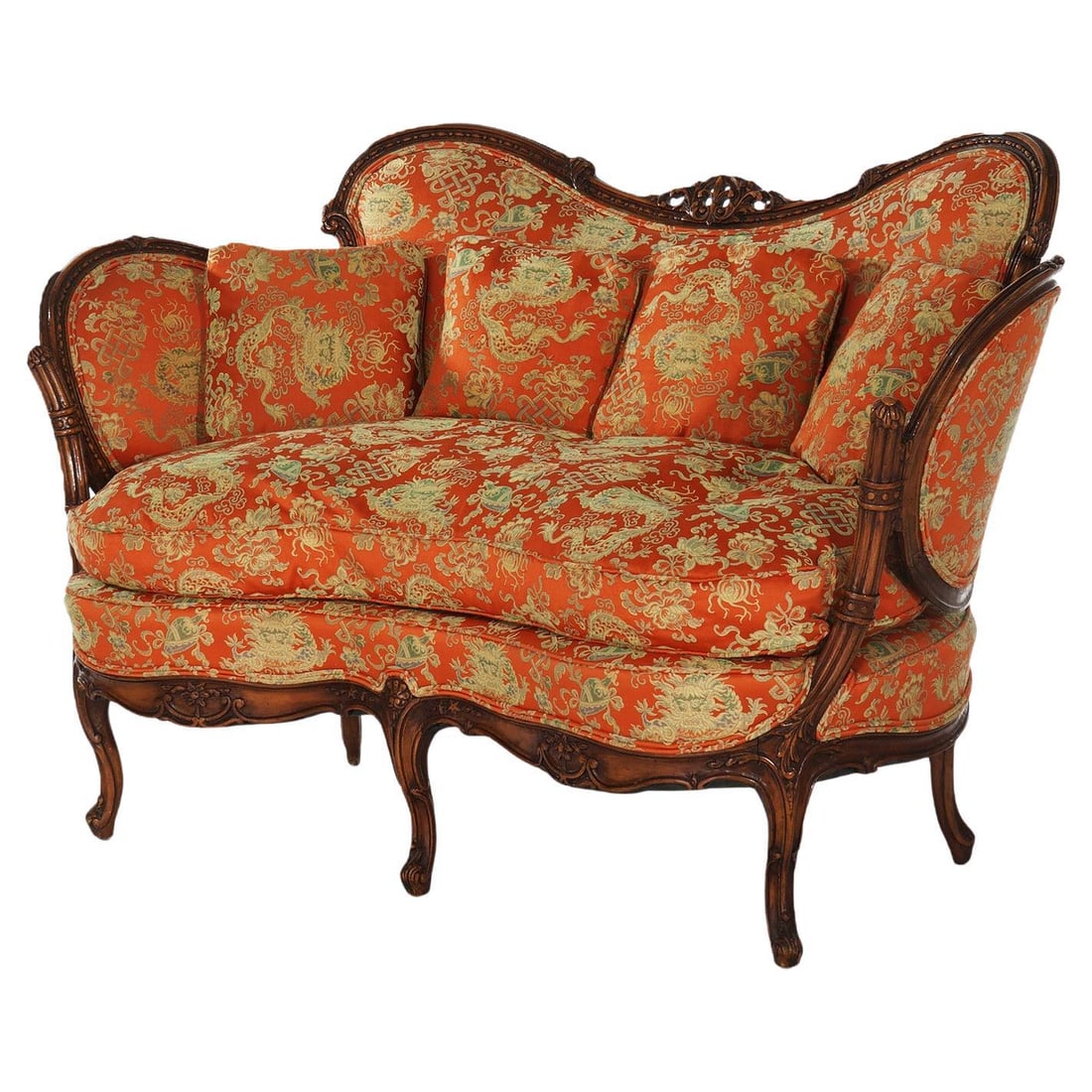 French Early 20th Century Louis XIV Settee With Ornate Carved Wood and Brocade Upholstery (1 of 12)