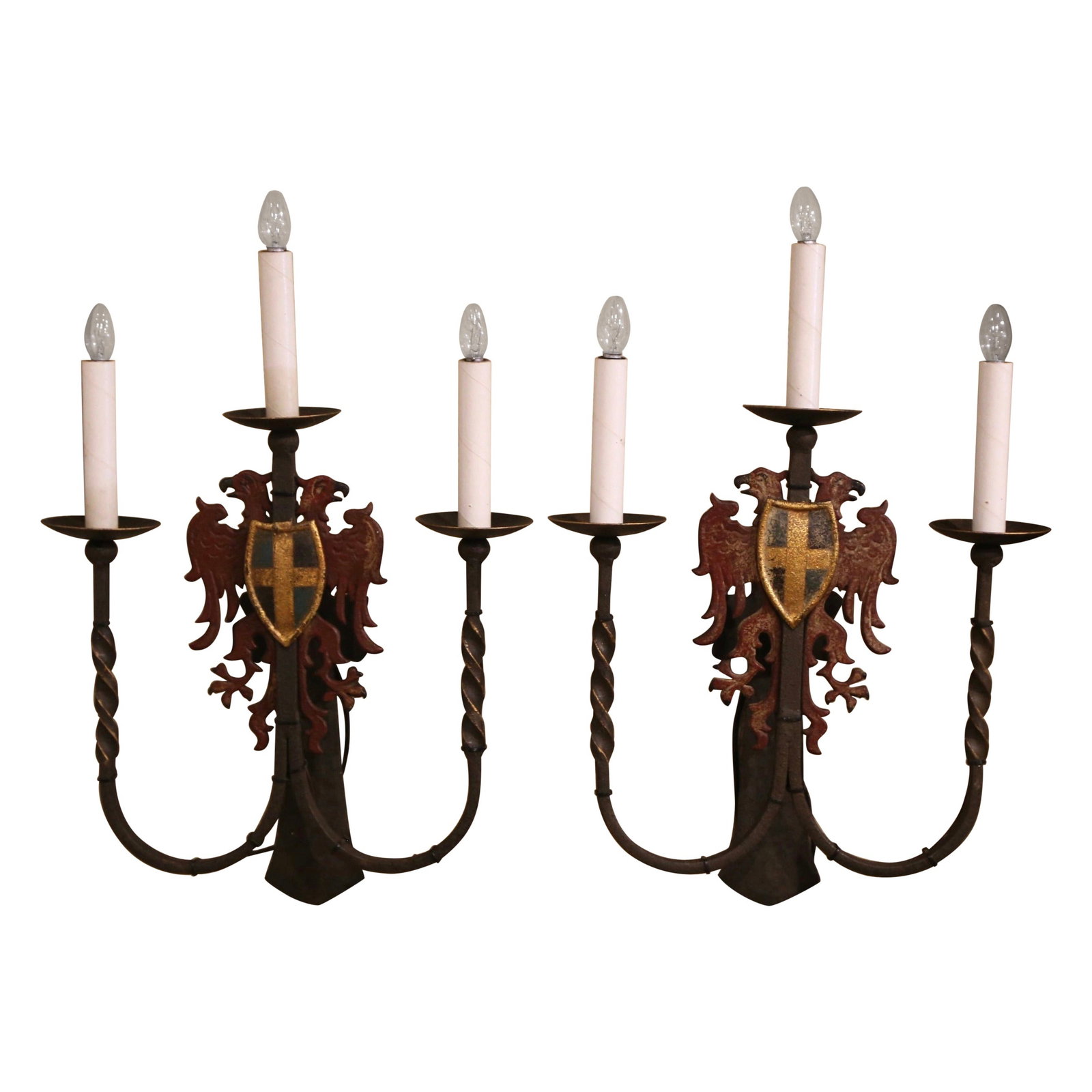 Exquisite Pair of 19th Century French Gothic Wrought Iron Wall Sconces Set of 2 (1 of 6)