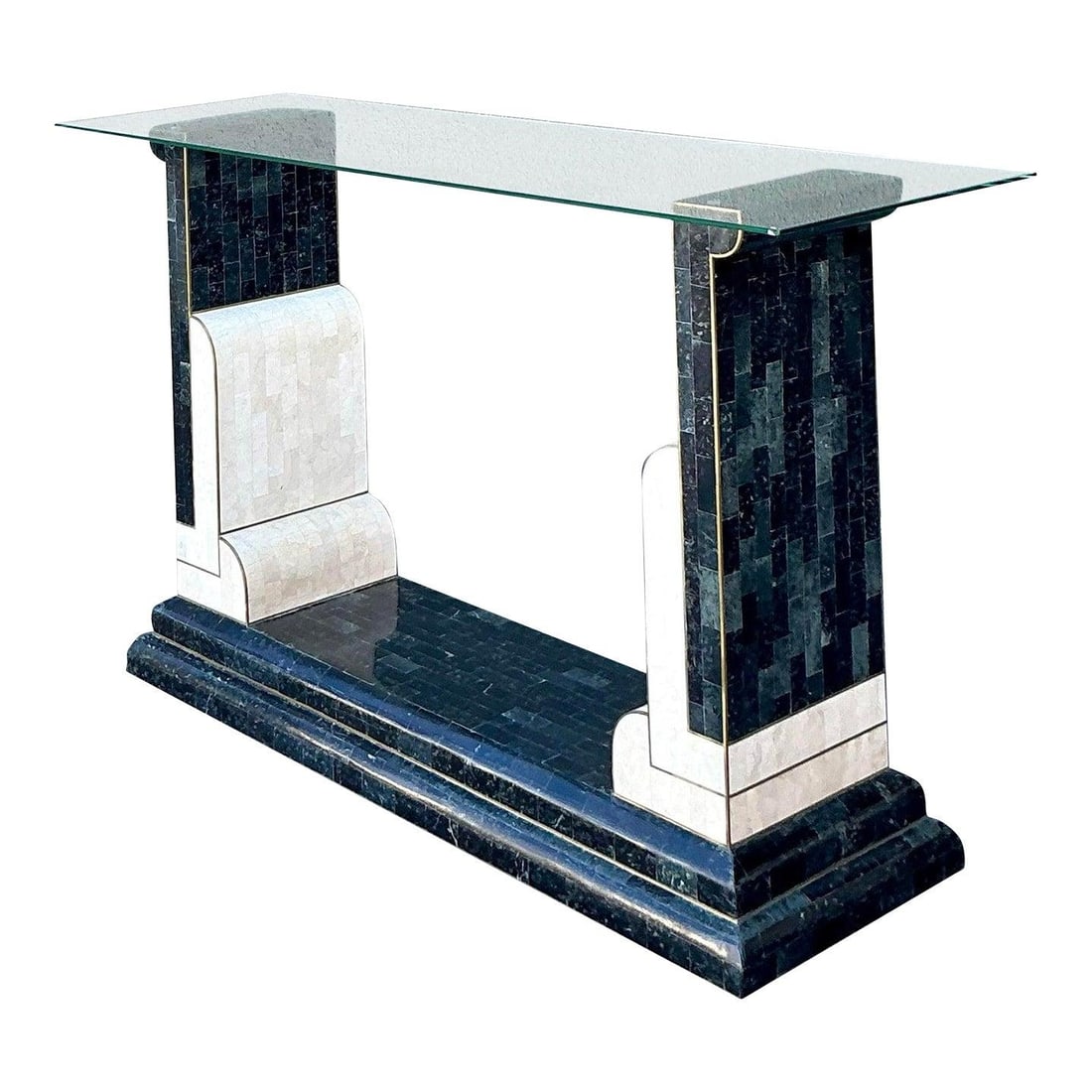 Art Deco Revival Console Table With Tessellated Stone Brass Inlay And Glass Top (1 of 10)