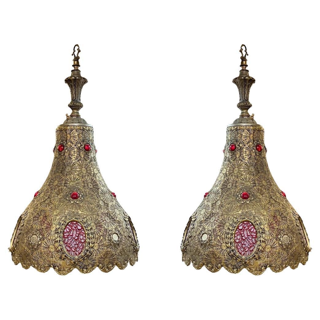 Set of 2 Moorish Hanging Lanterns Jeweled Metal and Red Glass 1960s (1 of 11)