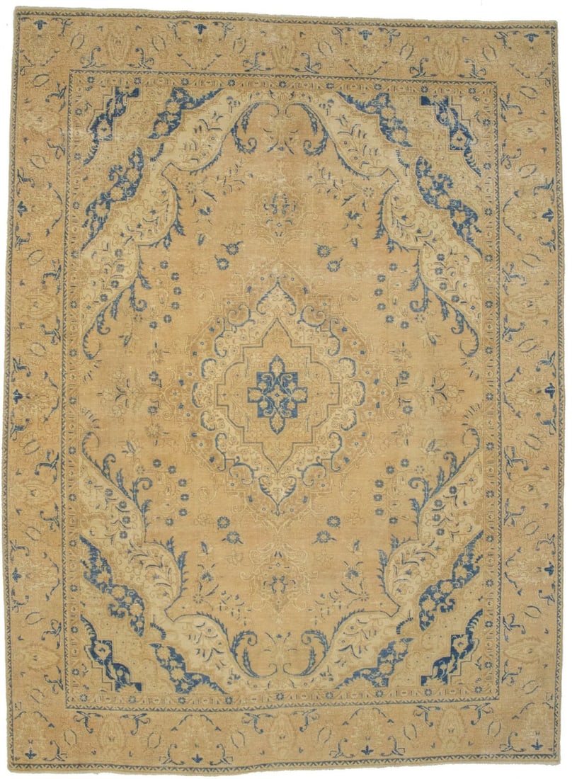 Hand-Knotted Wool Vintage Area Rug 8'8 x 12'3 Muted Floral Pattern: Hand-Knotted Wool Vintage Area Rug 8'8 x 12'3 Muted Floral Pattern This is an antique distressed Oriental rug featuring a traditional floral pattern in muted tones such as beige and blue. Hand-knotted