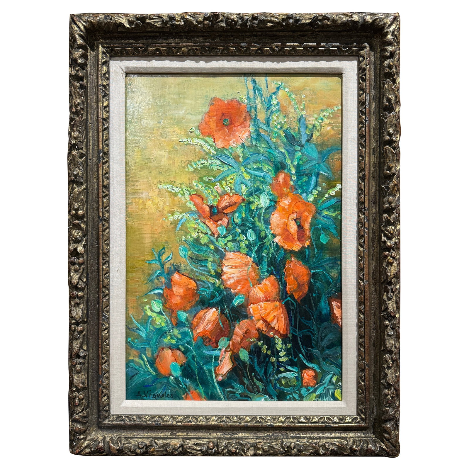 Andre Vignoles Signed French Floral Oil Painting Titled Touffe de Coquelicots Framed (1 of 7)