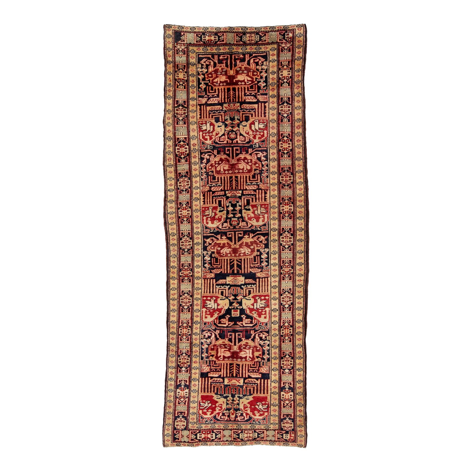 Persian Heriz Wool Runner Rug Blue Peach Handmade 3'5 x 9'11: Persian Heriz Wool Runner Rug Blue Peach Handmade 3'5 x 9'11 Elevate your space with this exquisite hand-knotted Persian Heriz wool runner. The rug showcases a rich dark blue field adorned with an int
