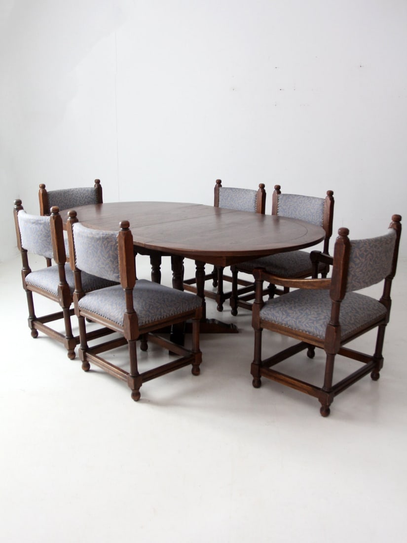 Vintage Jacobean Revival Dining Set of 6 with Blue Upholstery (1 of 18)