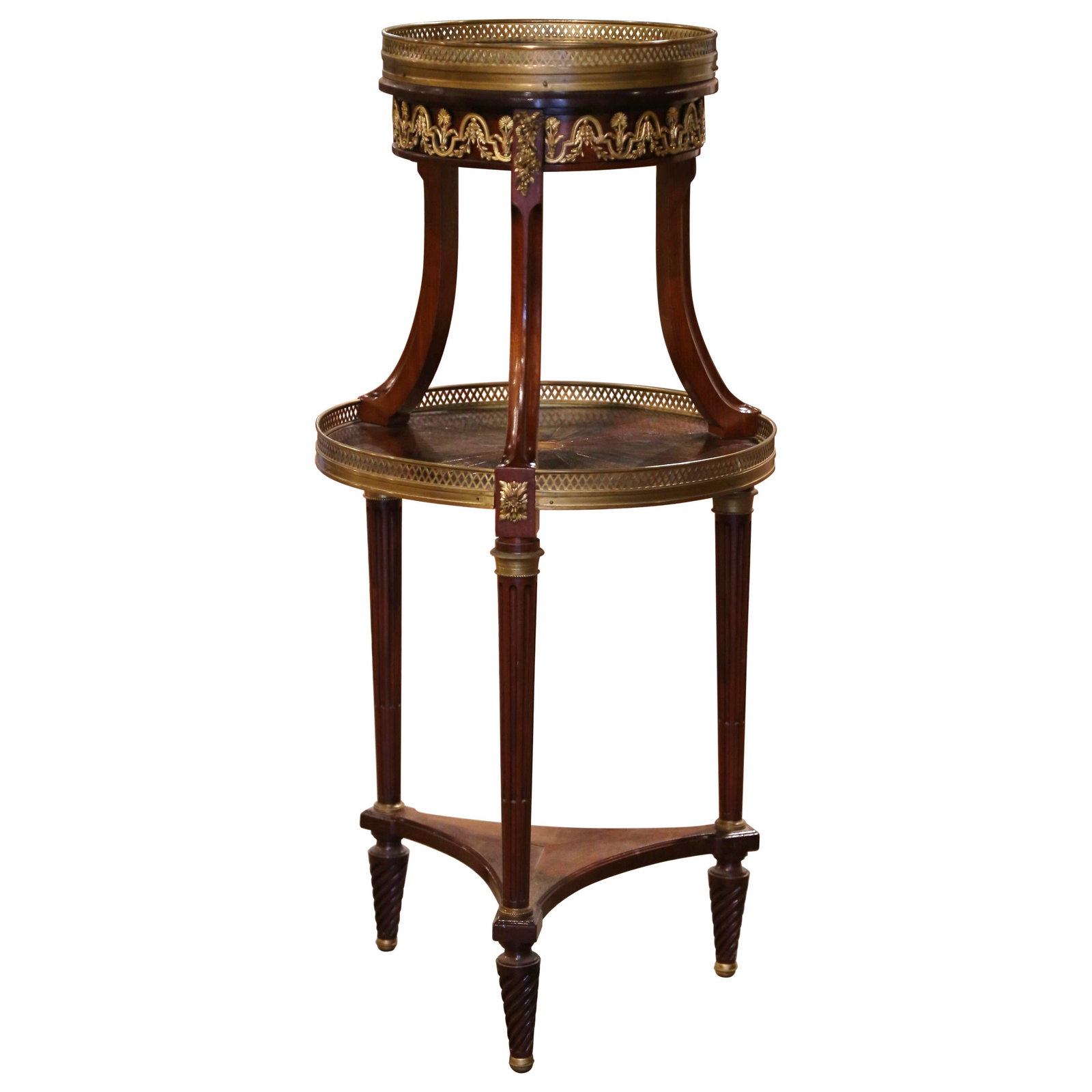 19th Century French Louis XVI Mahogany Bouillotte Table with Marble Top: 19th Century French Louis XVI Mahogany Bouillotte Table with Marble Top This exquisite 19th Century French Louis XVI bouillotte table showcases a refined design, perfect for enhancing your living spac