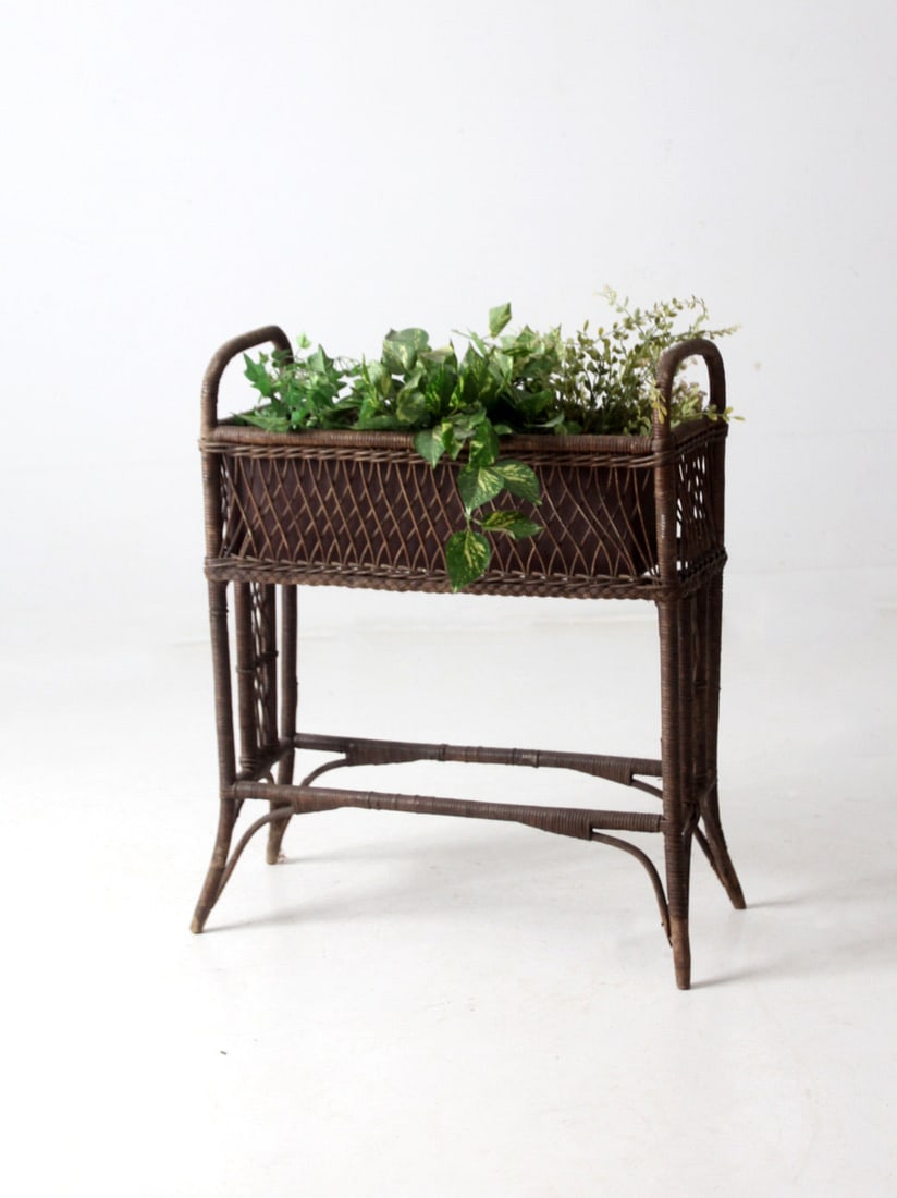 Antique Wicker Plant Stand with Galvanized Planter 28x13.5x35 (1 of 12)