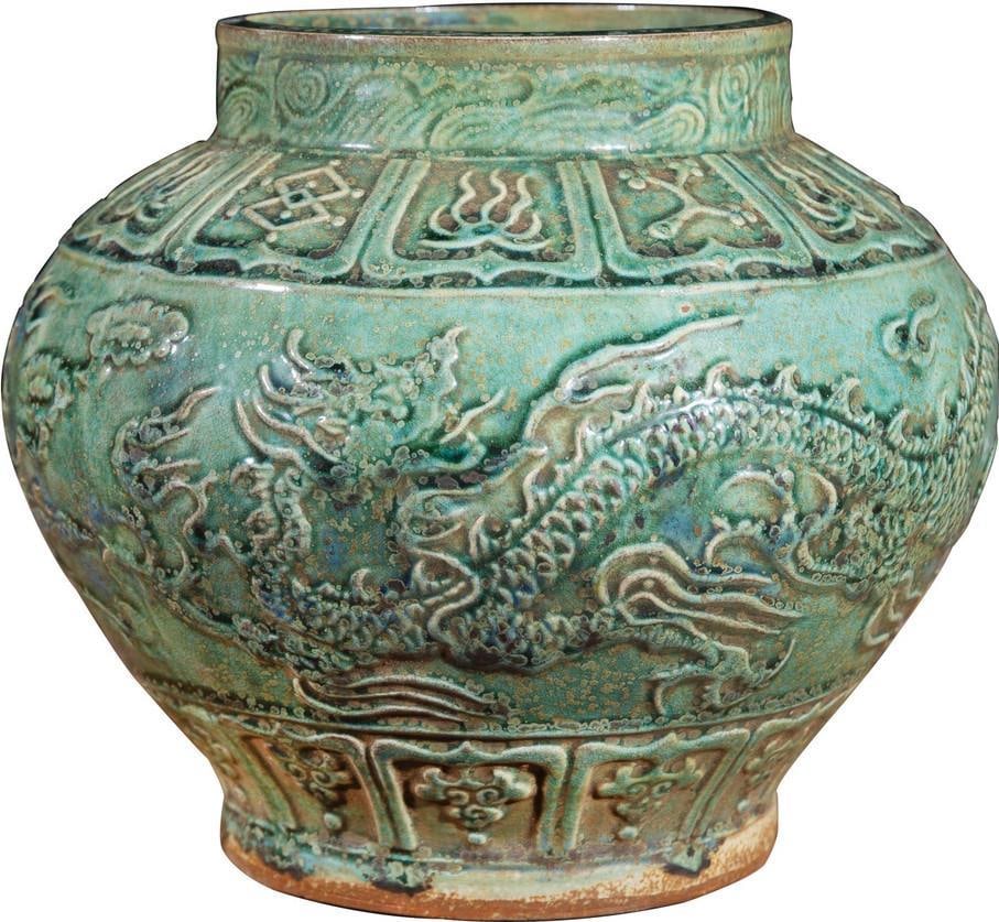 Hand-Crafted Speckled Green Dragon Ceramic Jar 10" (1 of 4)