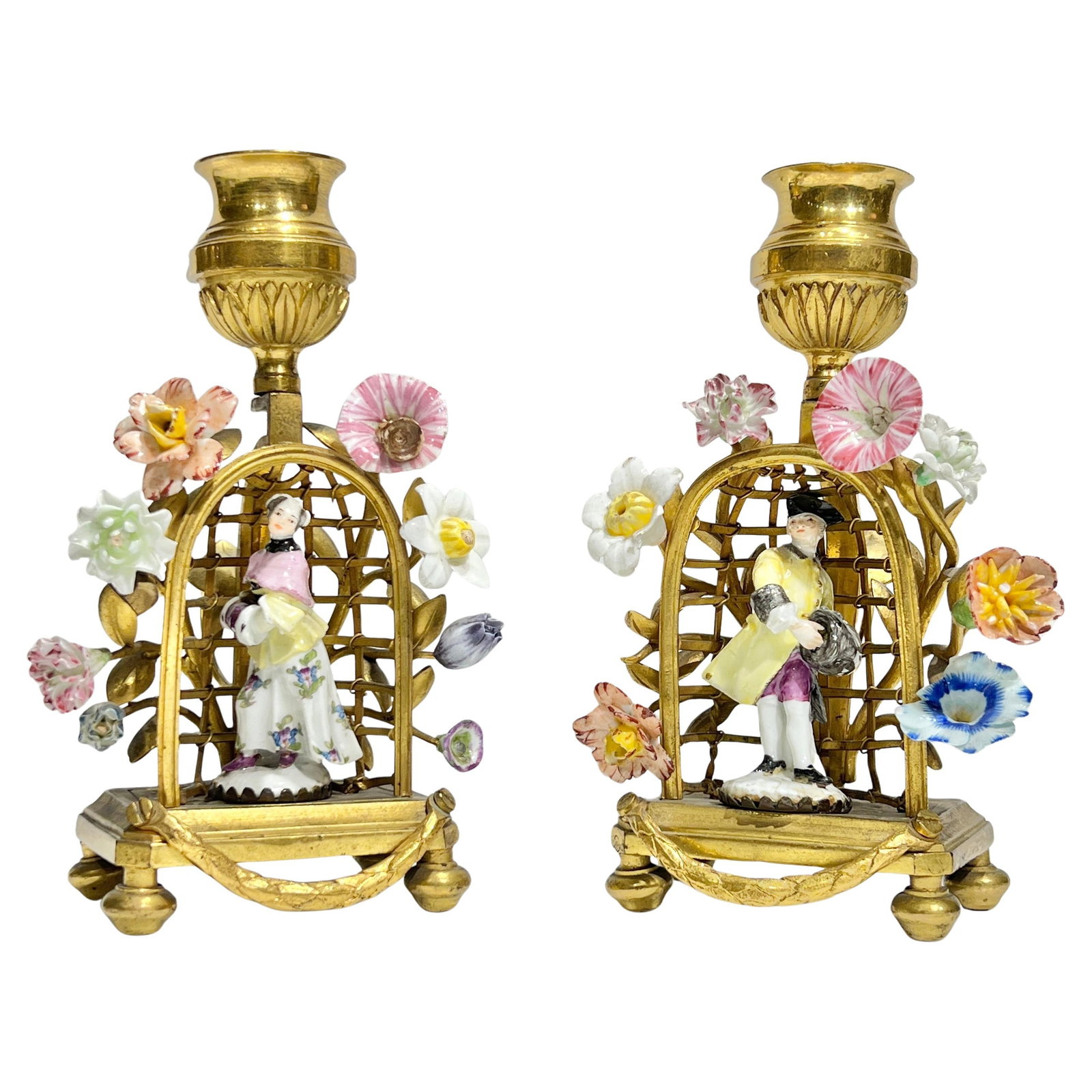 Pair Louis XVI Gilt Brass French Candlesticks with Porcelain Figures 19th Century (1 of 8)