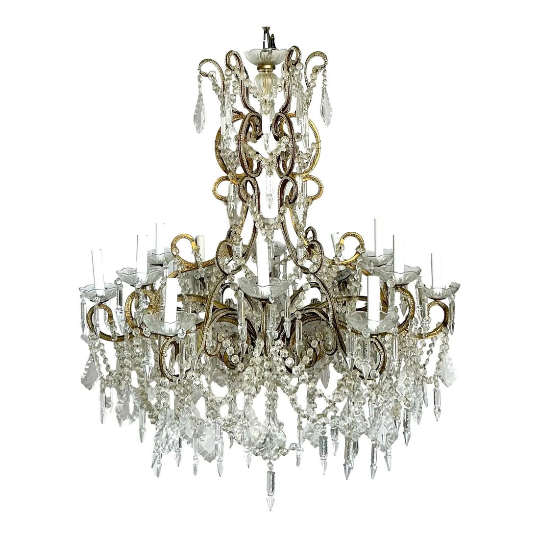 Large Rococo Hollywood Regency Crystal and Brass Two-Tier Chandelier with 12 Lights (1 of 7)