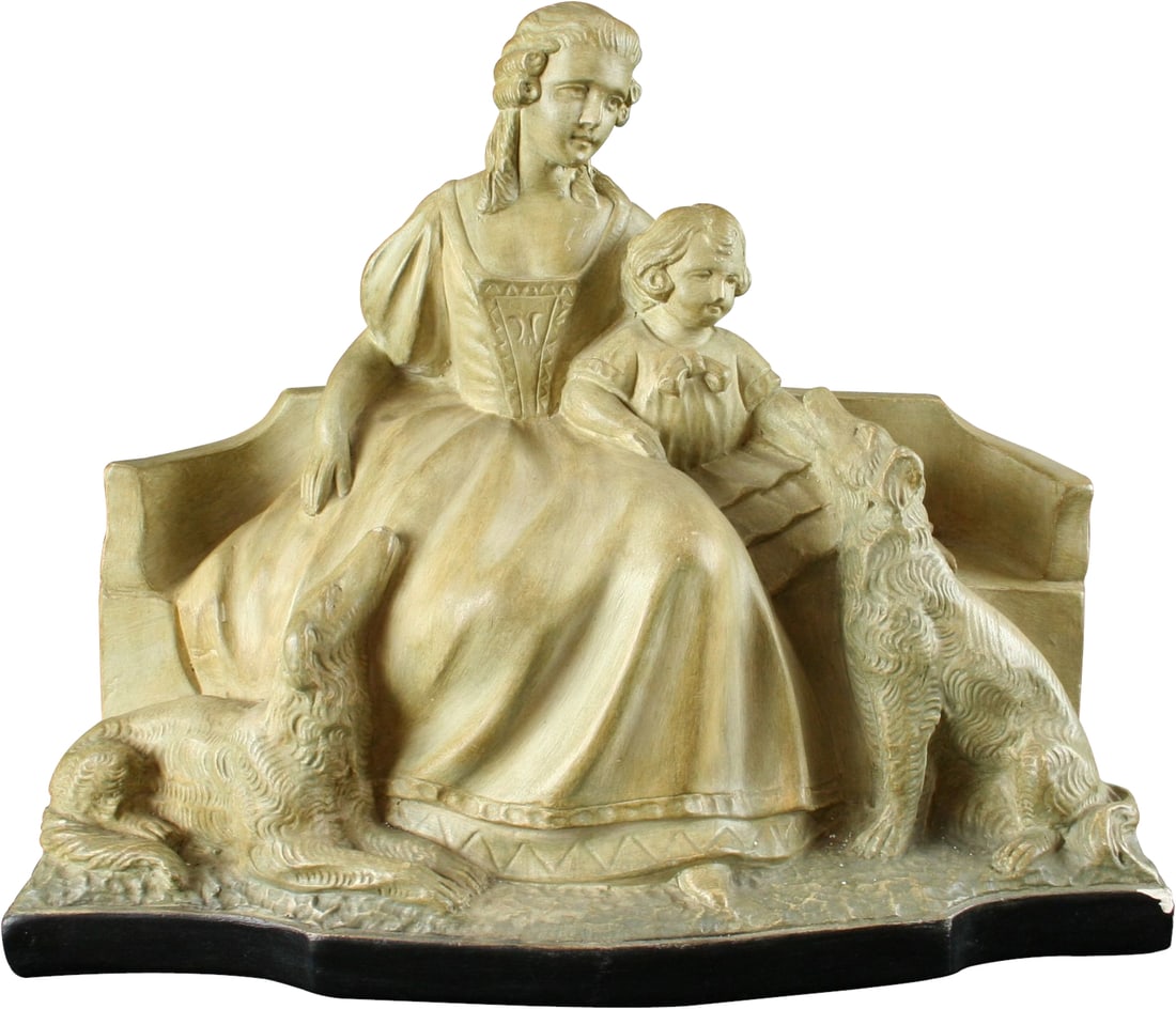 1930 French Chalkware Family Scene Statue Cream Finish 13.75H 24.25W 5.50D (1 of 14)