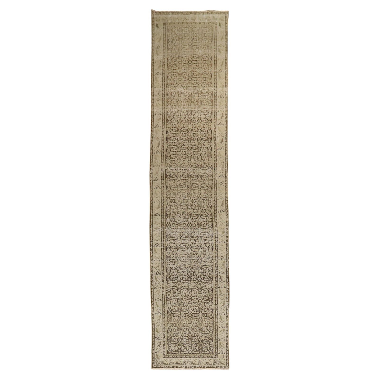 Zabihi Collection 1920s Rustic Brown Malayer Hand-Knotted Runner: Zabihi Collection 1920s Rustic Brown Malayer Hand-Knotted Runner Add a touch of history and elegance to your space with this exquisite Rustic Brown Malayer Antique Runner. Crafted from high-quality wo