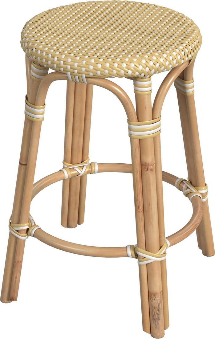 Butler Tobias Coastal Style Yellow Rattan Counter Stool: Butler Tobias Coastal Style Yellow Rattan Counter Stool Enhance your kitchen or dining area with this vibrant yellow rattan counter stool from the Tobias collection. Crafted with a natural rattan