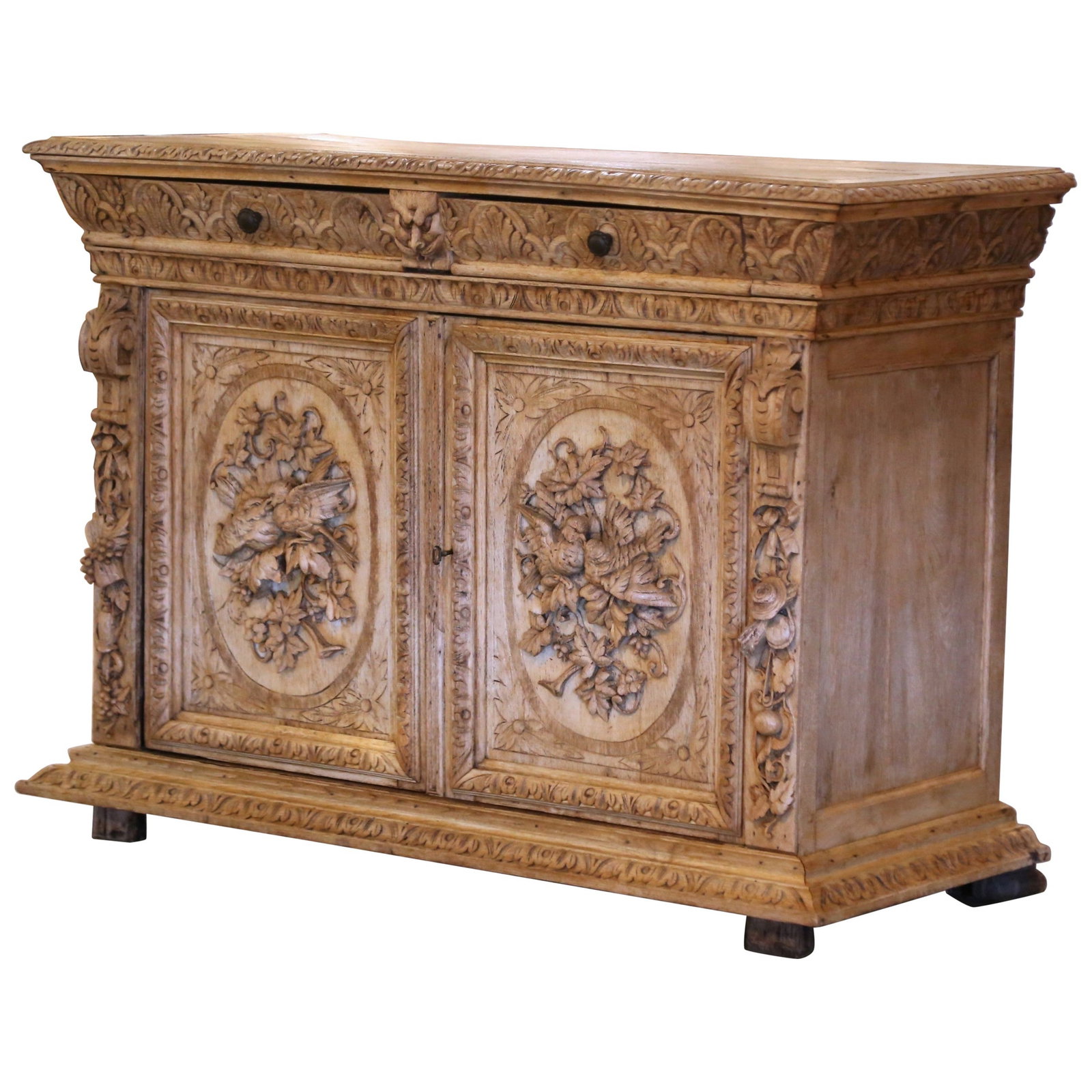 19th Century French Black Forest Bleached Oak Buffet with Love Birds (1 of 13)