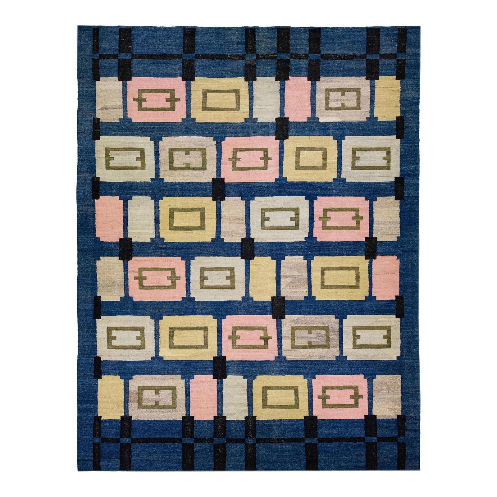 Oversized Navy Blue Kilim Wool Rug with Geometric Design: Oversized Navy Blue Kilim Wool Rug with Geometric Design Enhance your living space with this stunning contemporary Kilim flatweave wool rug, featuring a rich navy blue color field. The oversized desig