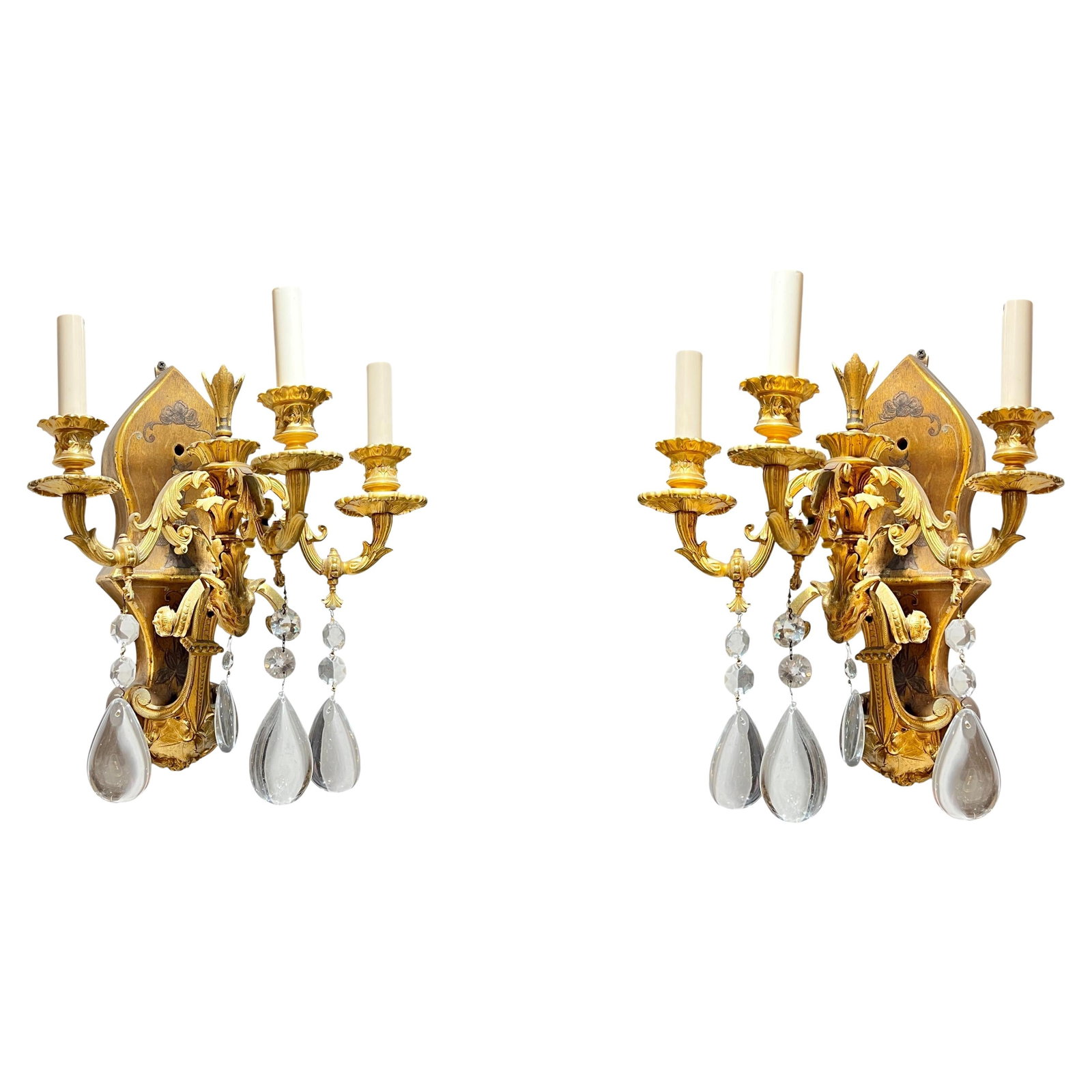Set of 2 Gilt Bronze Chinoiserie Three-Light Wall Sconces with Painted Wood (1 of 11)