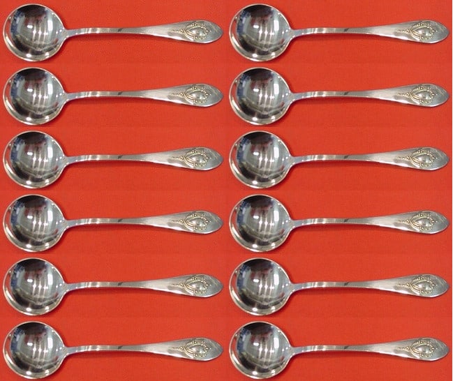 Lunt Sterling Silver Mount Vernon Bouillon Spoon Set 12 pc Wide Handle 5.5 in (1 of 5)