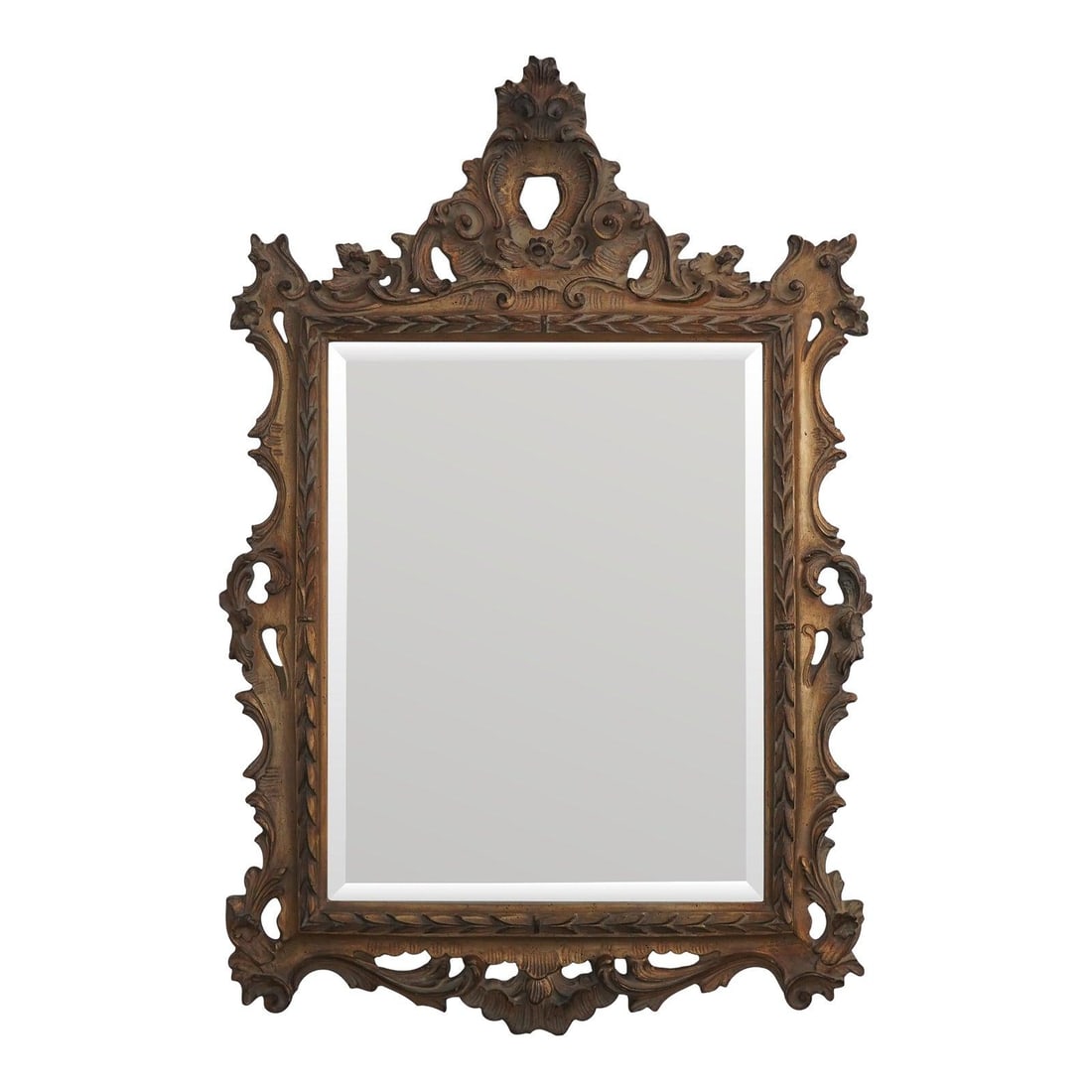 Large Ornate Beveled Wall Mirror With Carved Gold Frame French Style 32w x 48h: Large Ornate Beveled Wall Mirror With Carved Gold Frame French Style 32w x 48h This large wall mirror features an ornate carved frame with a French-inspired design and a distressed antique gold painte
