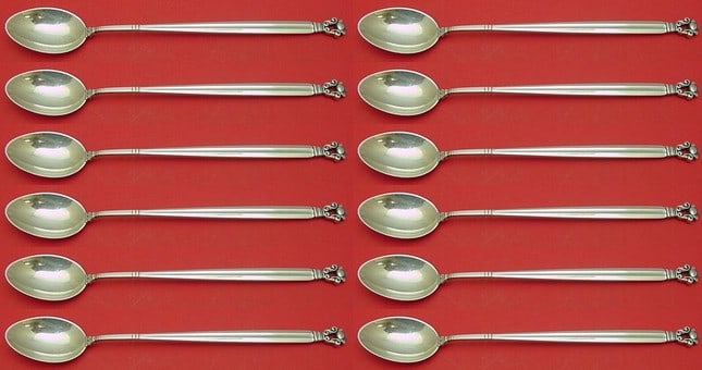Georg Jensen Acorn Sterling Silver Iced Tea Spoon Set 12 pcs 7 3/8 inches (1 of 4)