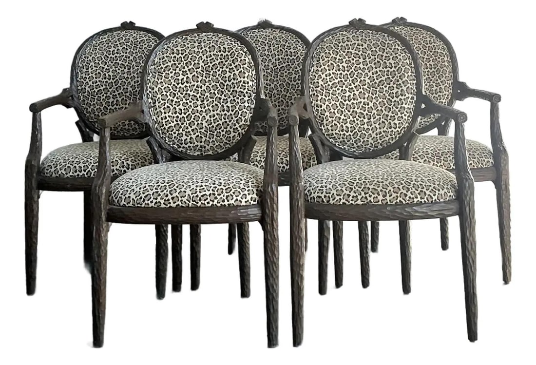 Set of 5 Faux Bois Louis XVI Leopard Print Medallion Back Dining Chairs: Set of 5 Faux Bois Louis XVI Leopard Print Medallion Back Dining Chairs This set of five vintage dining chairs features a striking combination of Louis XVI-inspired medallion backs and faux bois finis