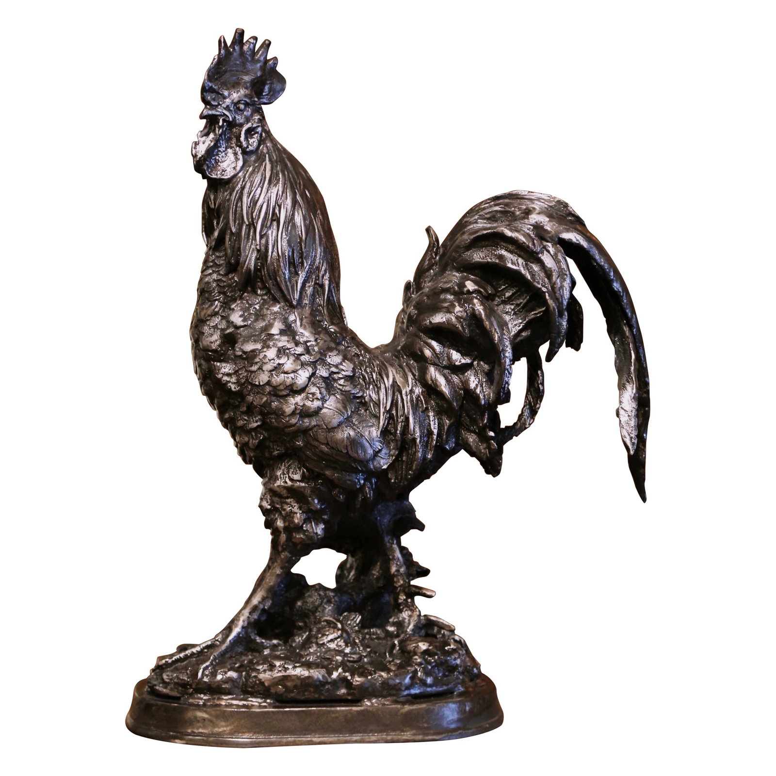 Early 20th Century French Iron Rooster Sculpture Silver Black Finish (1 of 13)