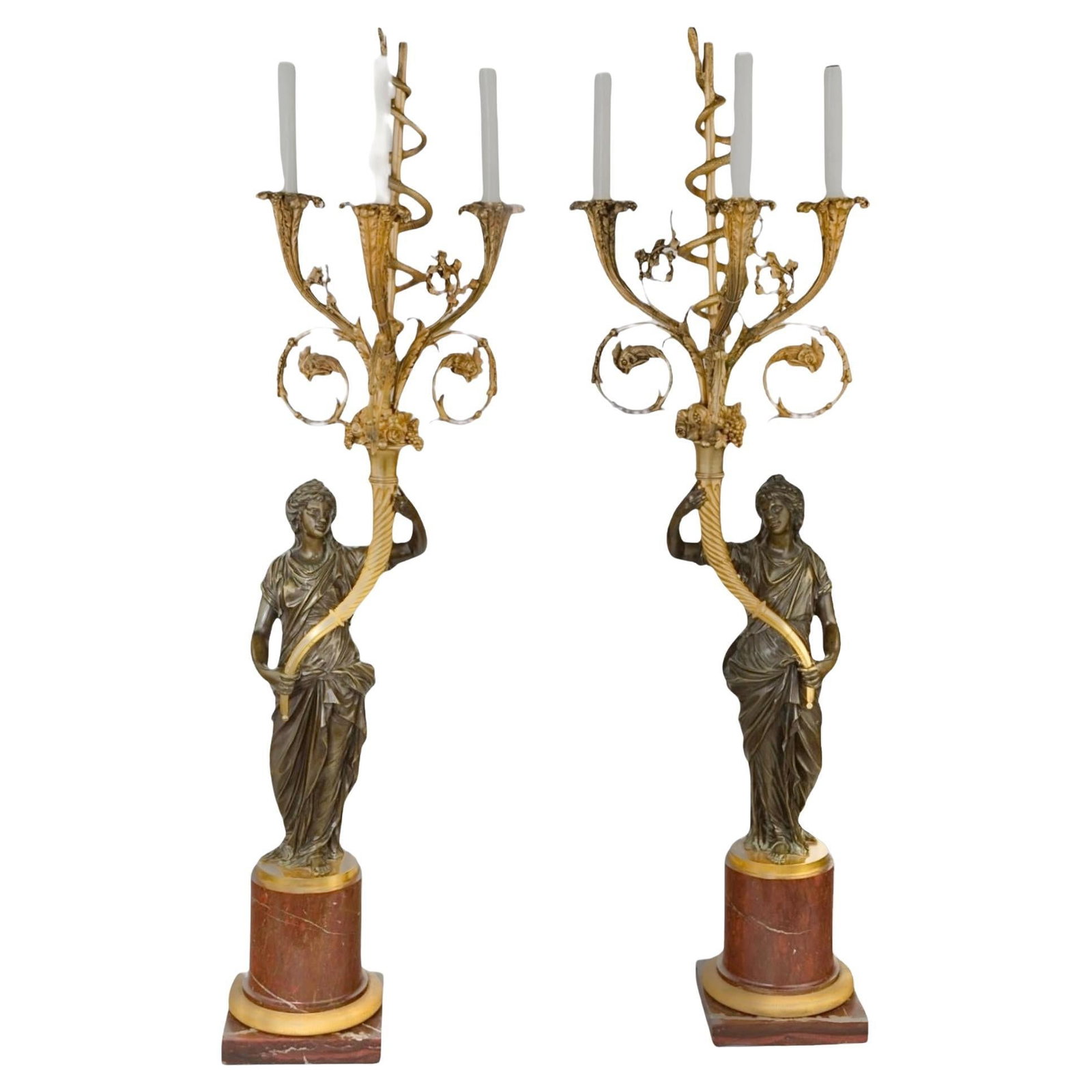 Set of Two French Louis XVI Bronze and Marble Candelabra Lamps (1 of 9)