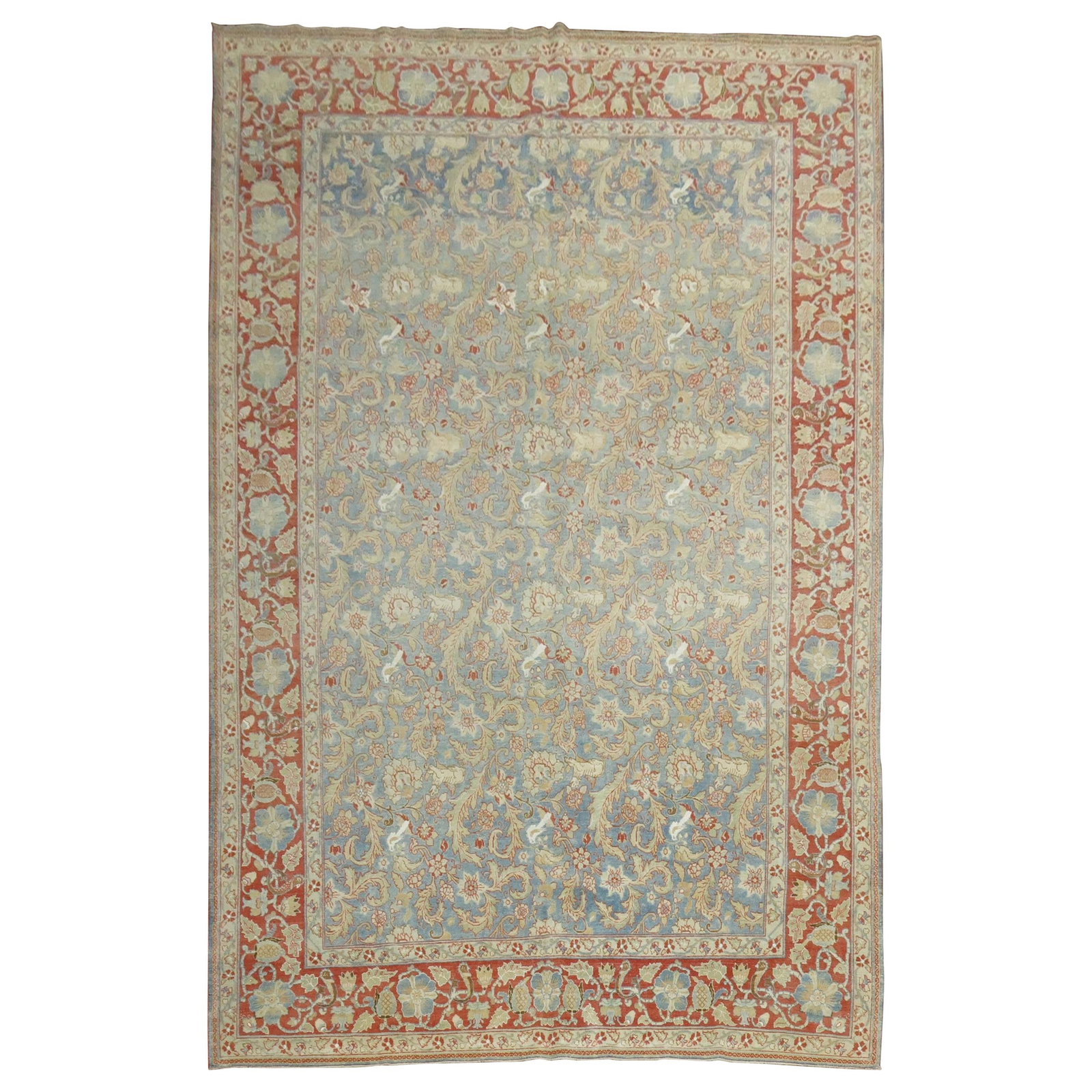 Persian Qum Light Blue Hand-Woven Rug 7'4 x 11'1 Early 20th Century: Persian Qum Light Blue Hand-Woven Rug 7'4 x 11'1 Early 20th Century Experience the charm of the Zabihi Collection with this exquisite light blue Persian Qum room size rug. Hand-woven from high-quality