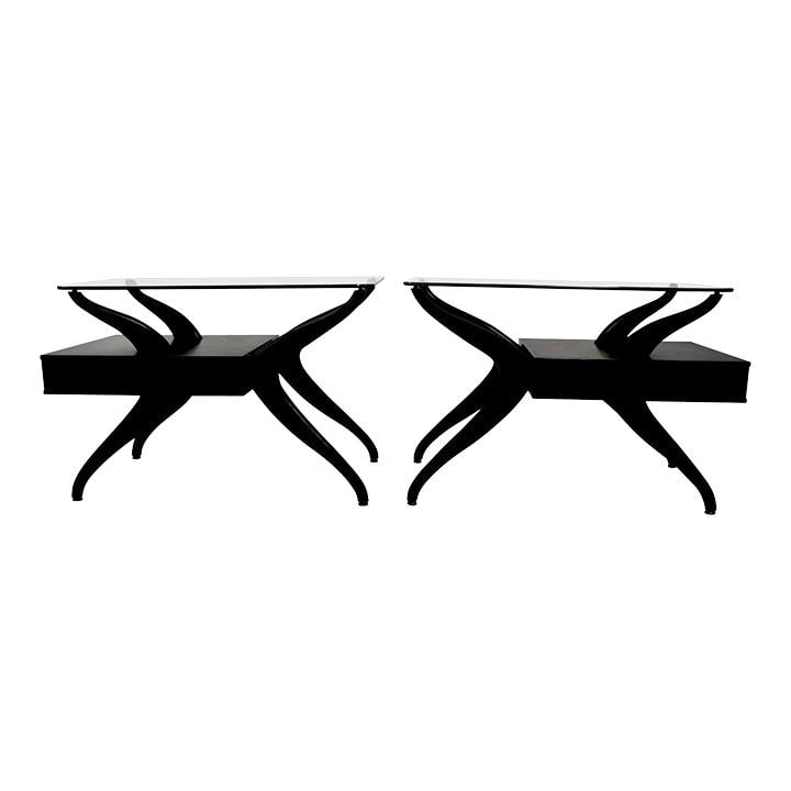 Elegant Mid Century Pair of Glass Top Side Tables: Elegant Mid Century Pair of Glass Top Side Tables This stunning pair of mid-century end or side tables showcases a sophisticated design reminiscent of Pearsall. Each table features a thick plate glass