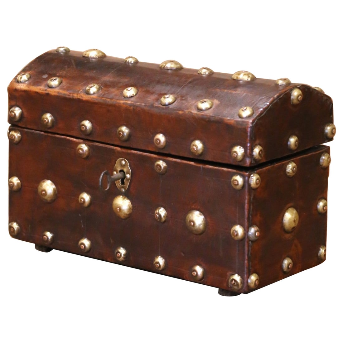 18th Century Spanish Leather Brass Nailhead Domed Trunk with Key (1 of 11)