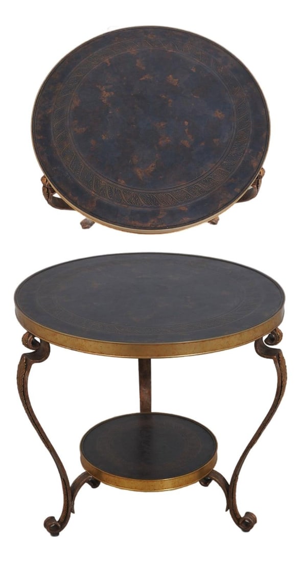 French Empire Style Bronze Gueridon Table with Etched Top and Scrolled Iron Legs (1 of 10)