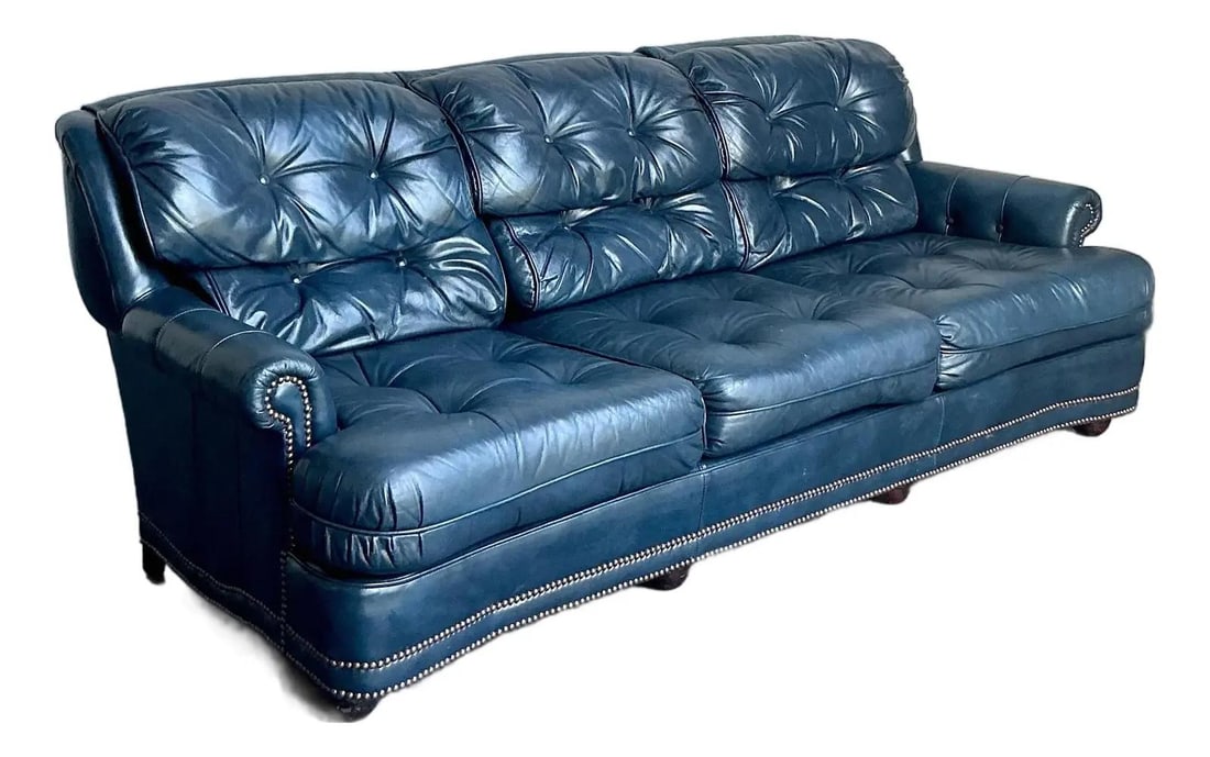 Petrol Blue Tufted Chesterfield Sofa With Brass Nailhead Trim 85 Inch Vintage (1 of 6)