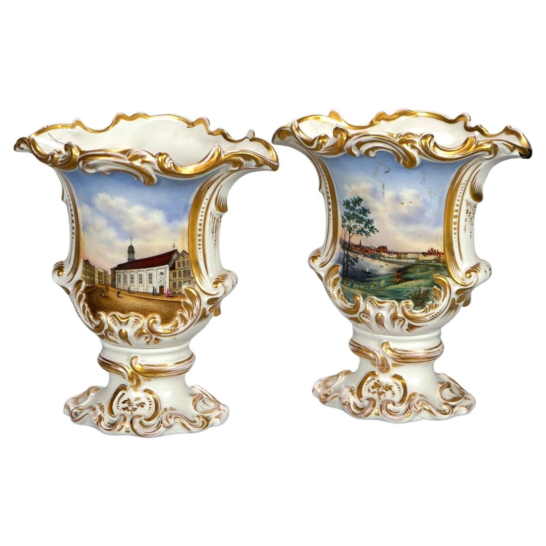 19th Century German Hand Painted Gilt Scenic Vases Set of 2 (1 of 14)